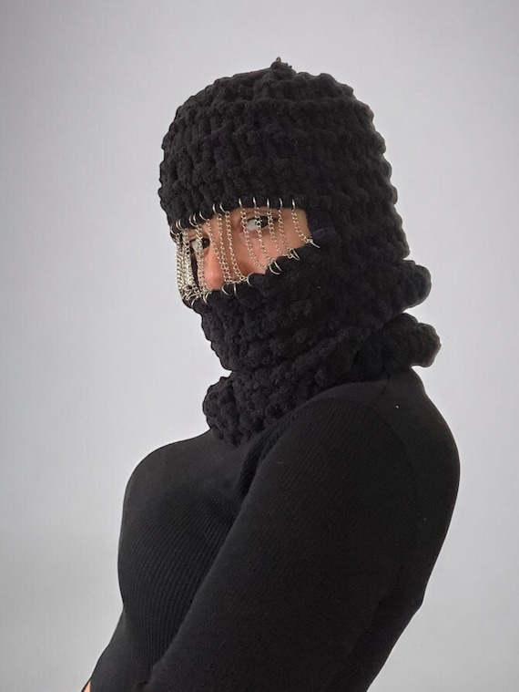 Handmade Black Knit Balaclava With Chain: Cyberpunk Costume Mask