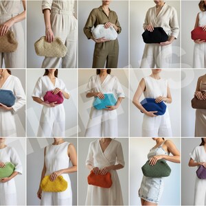 Puede incluir: Una colecci&oacute;n de quince bolsos de mano tipo clutch en varios colores, incluyendo beige, blanco, negro, rojo, azul, magenta, turquesa, marr&oacute;n, verde, amarillo, naranja y morado. Cada bolso tiene una forma suave y redondeada con cierre de marco.
