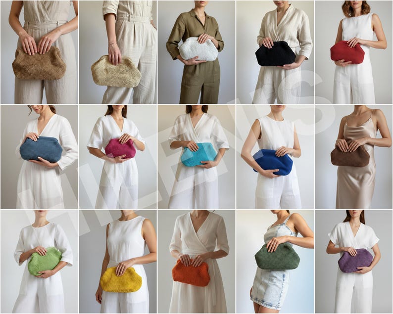 Puede incluir: Una colecci&oacute;n de quince bolsos de mano tipo clutch en varios colores, incluyendo beige, blanco, negro, rojo, azul, magenta, turquesa, marr&oacute;n, verde, amarillo, naranja y morado. Cada bolso tiene una forma suave y redondeada con cierre de marco.