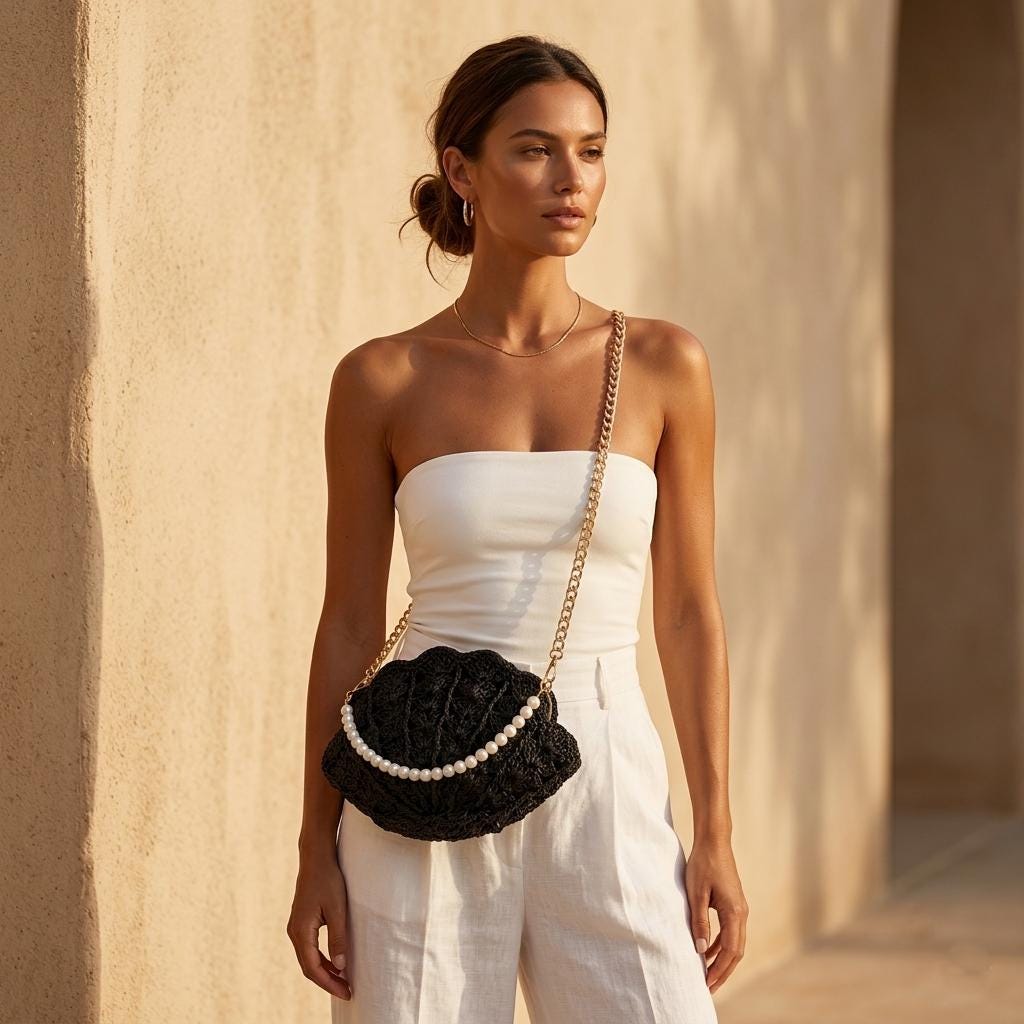 Crochet Raffia Oyster Shell Bag, Pearly Mussel Crossbody Bag