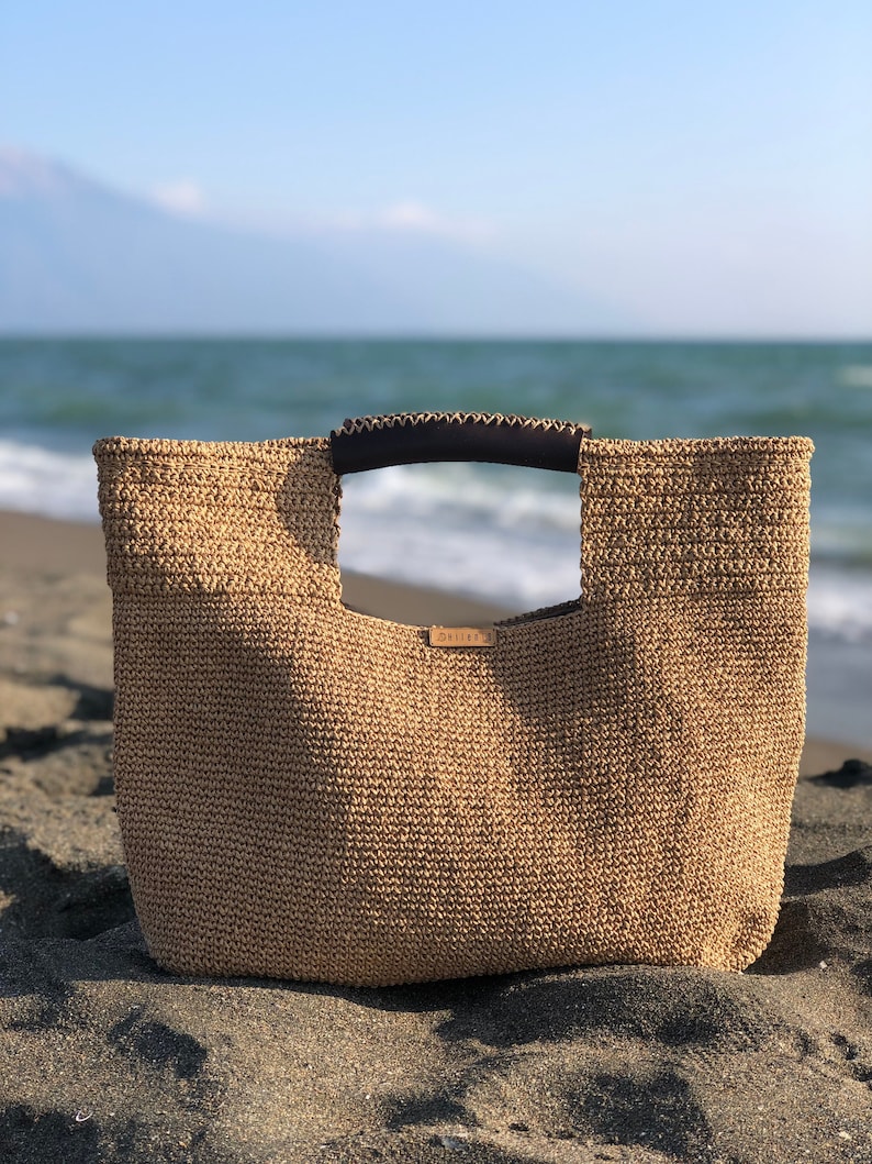 Crochet Raffia Tote Bag, Summer Shopper Bag For Women, Straw Beach Tote Bag, Crochet Market Bag Camel