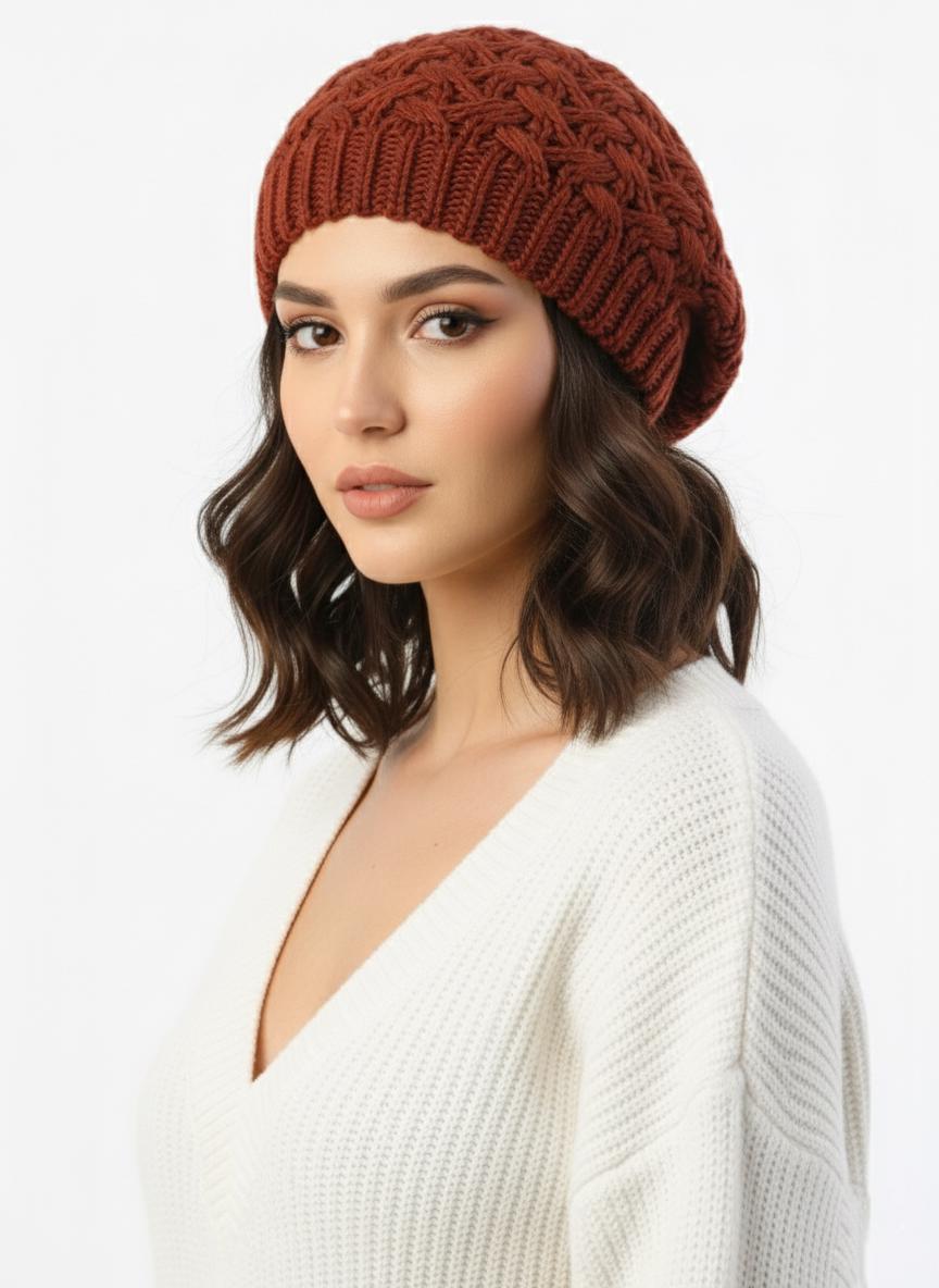 Wool French Beret, Winter Brown Hat, Beanie for Women  display picture 1