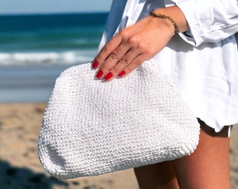 White Summer Handbag, Summer Wedding Raffia Pouch Clutch Bag, Straw Beach Clutch Bag, Handmade Gift