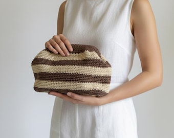 Handmade Striped Raffia Clutch, Summer Party Bag, Straw Raffia Clutch Bag