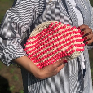 Bolso clutch con cuentas de rafia rosa hecho a mano, bolso clutch de rafia para mujer, bolso de noche con cuentas, bolso de boda con cuentas rosas