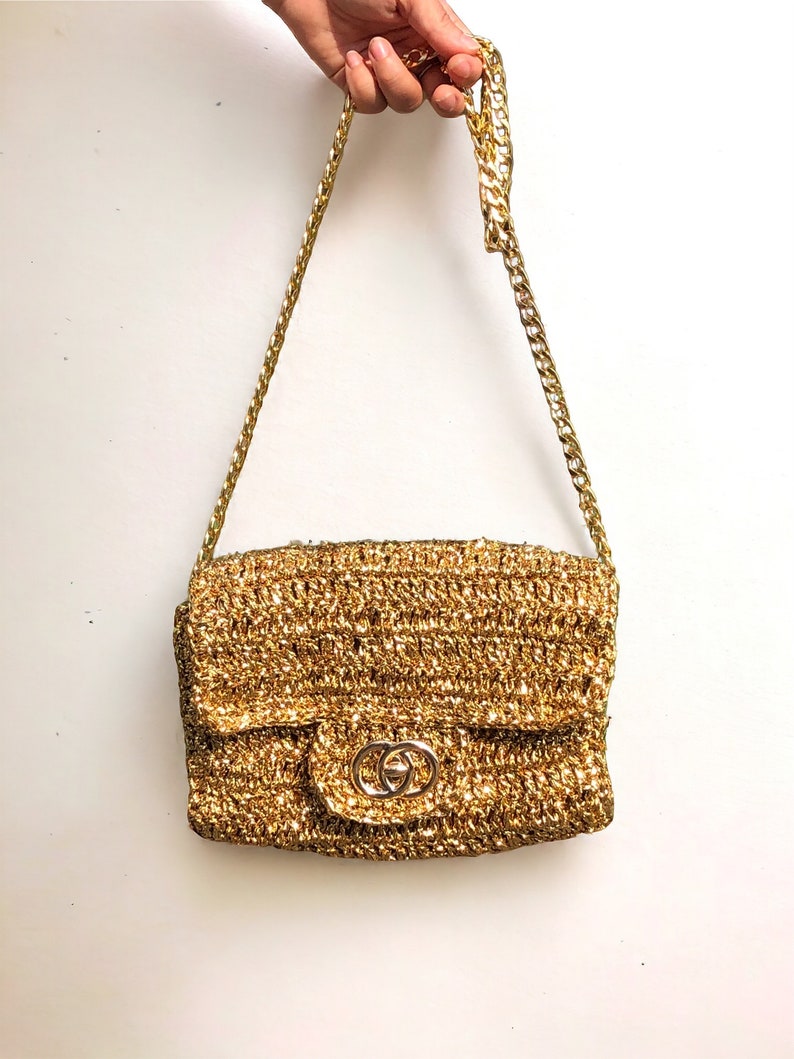 Crochet Gold Raffia Crossbody Clutch Bag, Knitted Metallic Wedding Purse For Women, Luxury Evening Summer Bag, Gold Bridal Clutch Bag zdjęcie 8