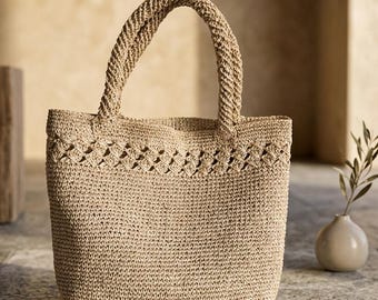 Beige Summer Tote Bag For Women, Straw Beach Shoulder Bag, Crochet Woven Raffia Tote Bag