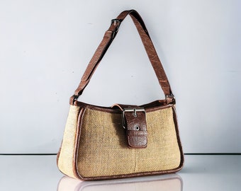 Jute Straw Bag with Vegan Leather Accessories for Womens, Natural Color Straw Handbag, Zipper Shoulder Bag