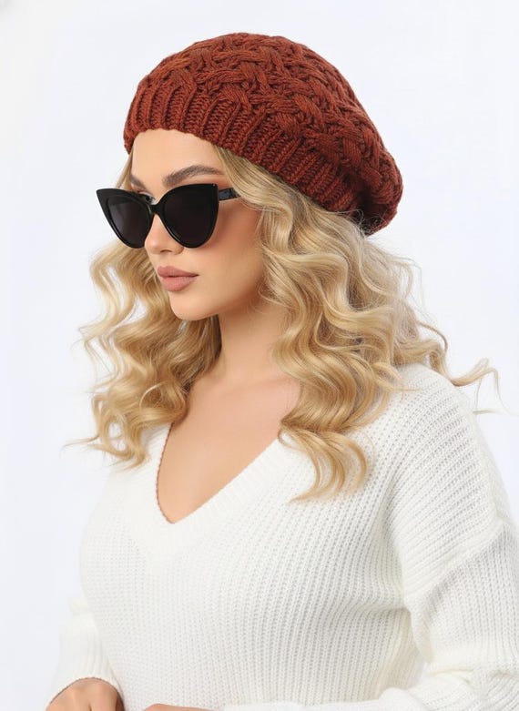 Wool French Beret, Winter Brown Hat, Beanie for Women  display picture 3