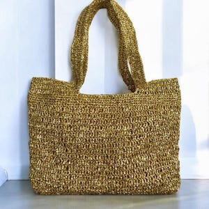 Crochet Gold Raffia Tote Bag, Summer Gold Shopping Bag, Metallic Beach Shoulder Bag