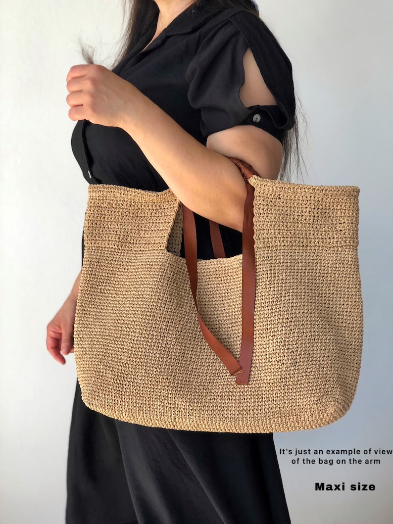 Crochet Raffia Tote Bag, Summer Shopper Bag For Women, Straw Beach Tote Bag, Crochet Market Bag image 7