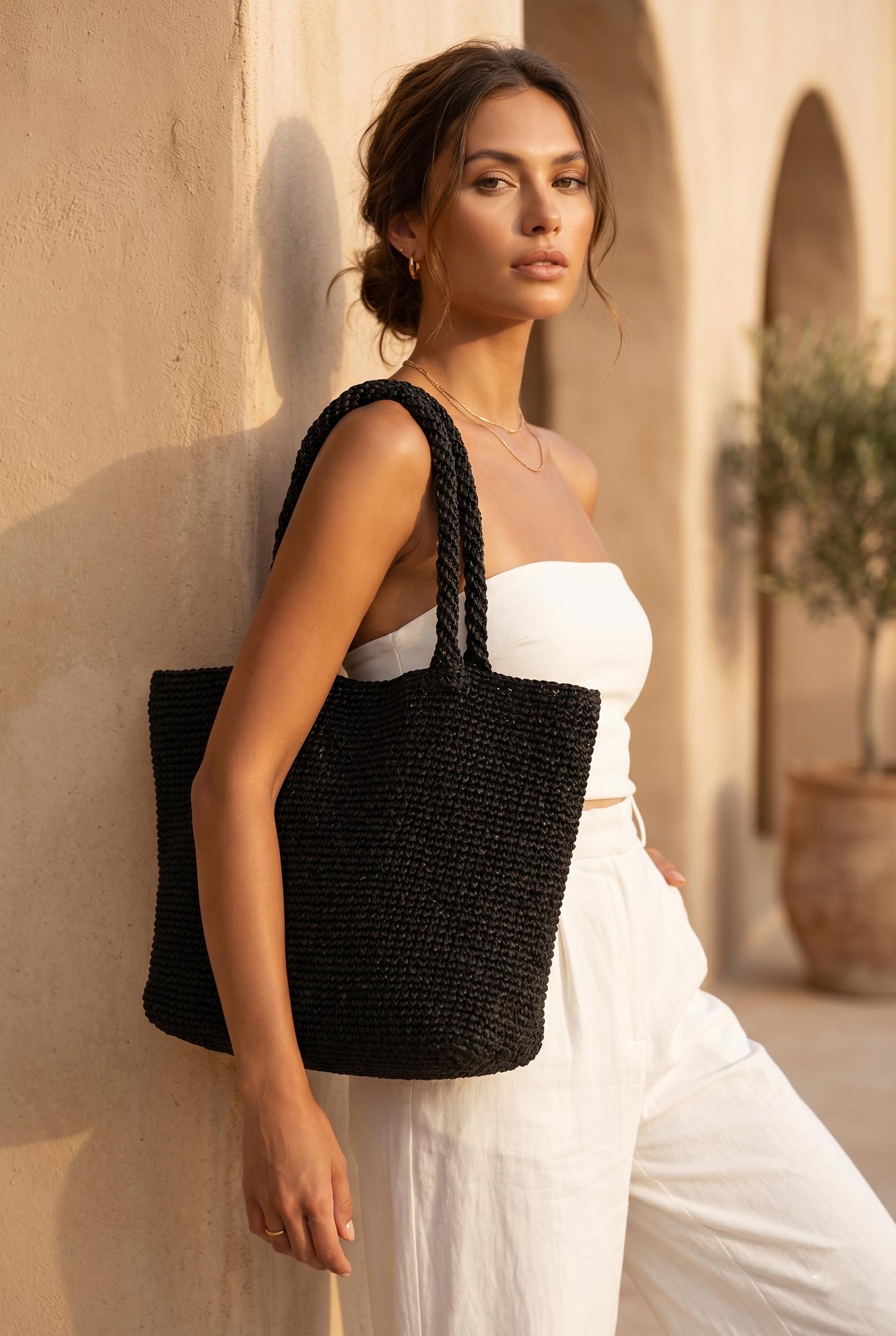 Summer Tote Bag for Women, Black Straw Beach Shoulder Bag, Crochet