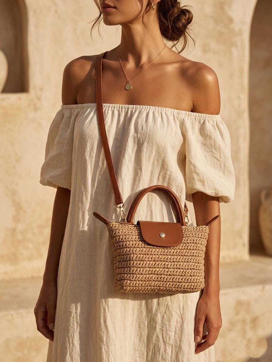 Crochet Raffia Mini Crossbody Bag, Summer Leather Mini Bag for