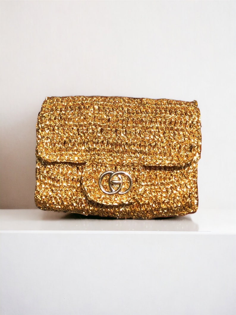 Crochet Gold Raffia Crossbody Clutch Bag, Knitted Metallic Wedding Purse For Women, Luxury Evening Summer Bag, Gold Bridal Clutch Bag zdjęcie 6