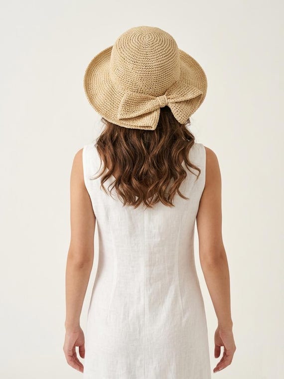 Handmade Crochet Raffia Hat, Straw Floppy Hat, Bow Hat  display picture 3