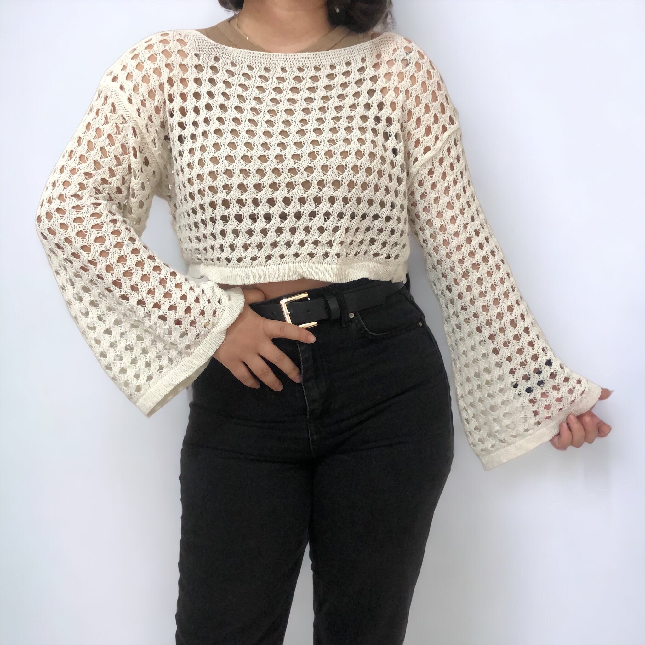 Hand Knit Long Sleeve Crop Top, Halloween Mesh Crop Top