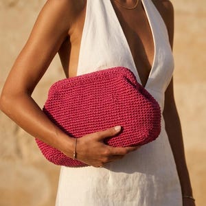 Raffia Fuchsia Clutch Bag, Natural Summer Handbag, Straw Summer Pouch Clutch Bag image 2