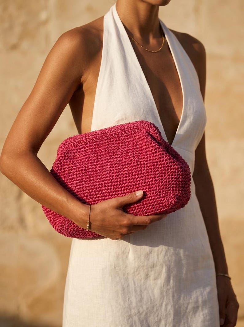 Raffia Fuchsia Clutch Bag, Natural Summer Handbag, Straw Summer Pouch Clutch Bag image 2