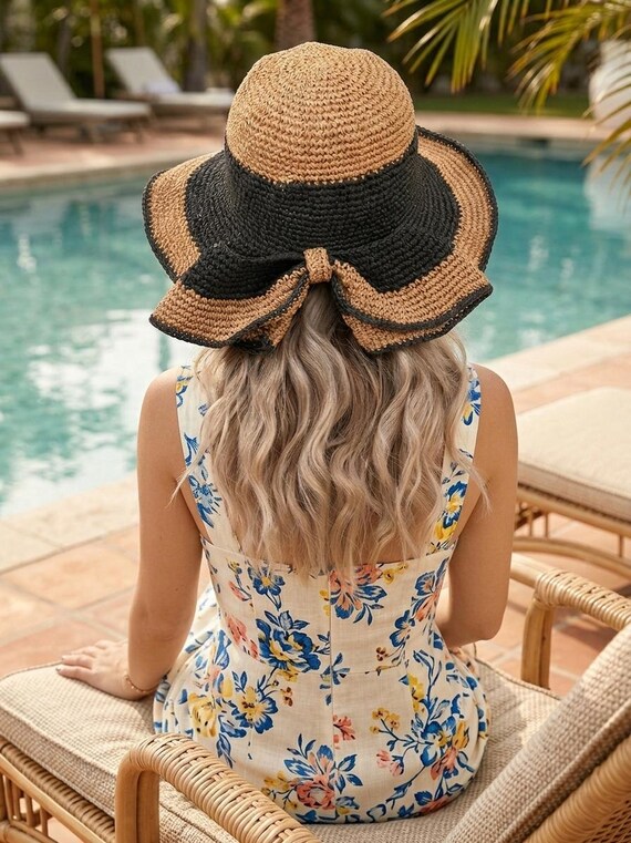 Handmade Raffia Hat for Women, Crochet Bow Hat, Summer Straw  display picture 3