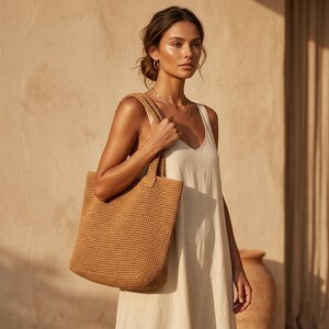 May include: A tan woven tote bag with a rectangular shape and two shoulder straps. The bag features a dense, textured crochet-like construction in a solid light brown color, providing a structured yet flexible appearance for carrying items.