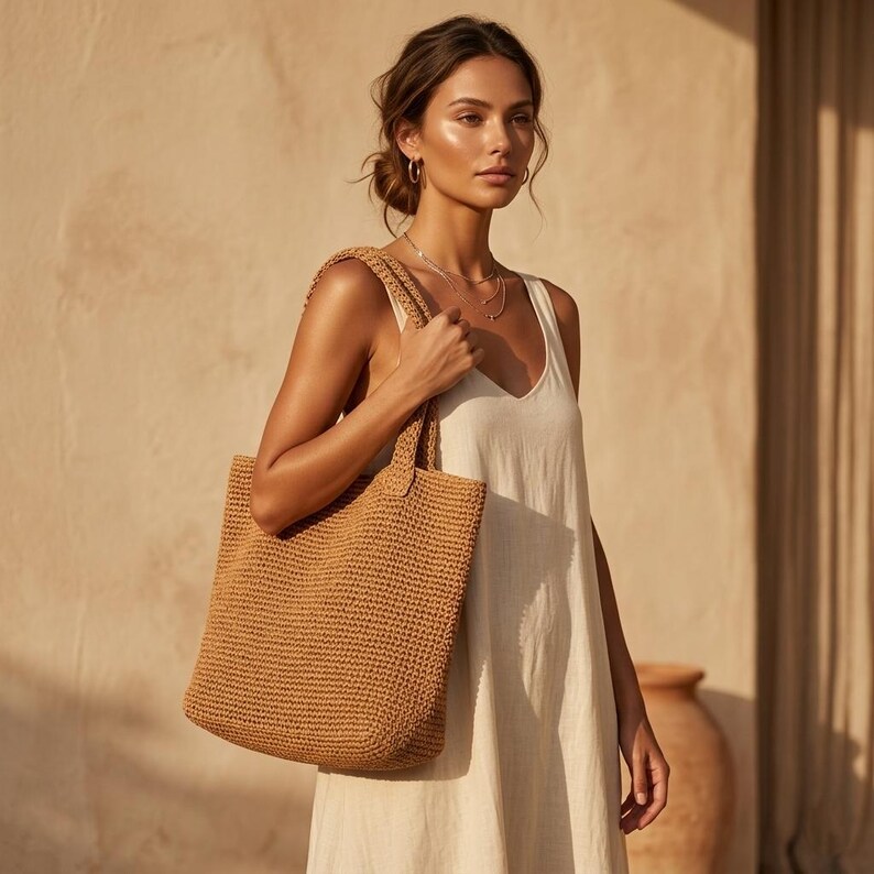 May include: A tan woven tote bag with a rectangular shape and two shoulder straps. The bag features a dense, textured crochet-like construction in a solid light brown color, providing a structured yet flexible appearance for carrying items.