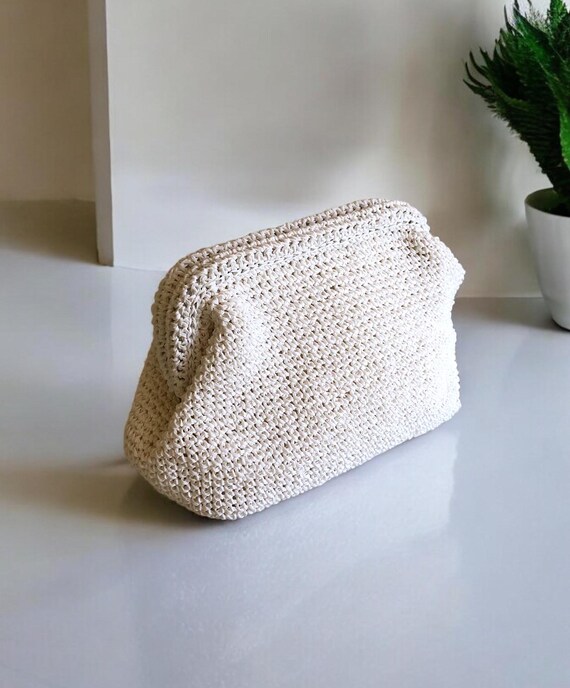 White Summer Wedding Purse Knitted White Raffia Pouch Clutch Bag Straw Beach Clutch Bag Etsy Ireland