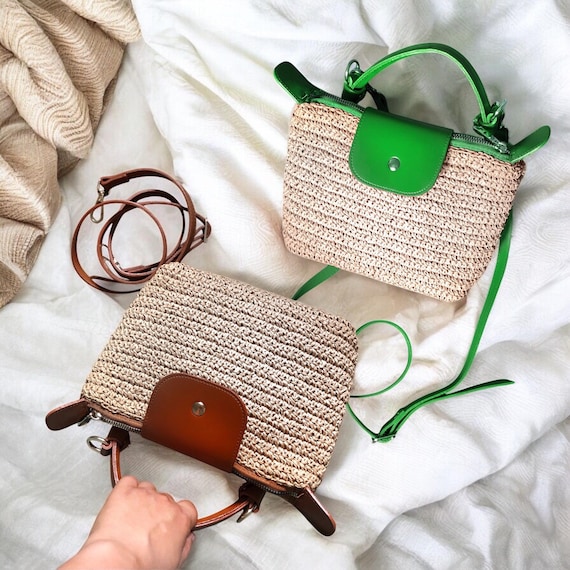 Raffia Mini Crossbody Bag, Sommer Leder Kleine Umhängetasche