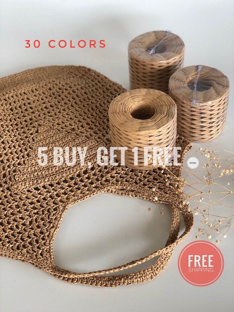 May include: A brown crocheted tote bag with a woven handle. Three spools of brown paper twine are in the background. The text "30 COLORS" and "5 BUY, GET 1 FREE" are visible in the image.