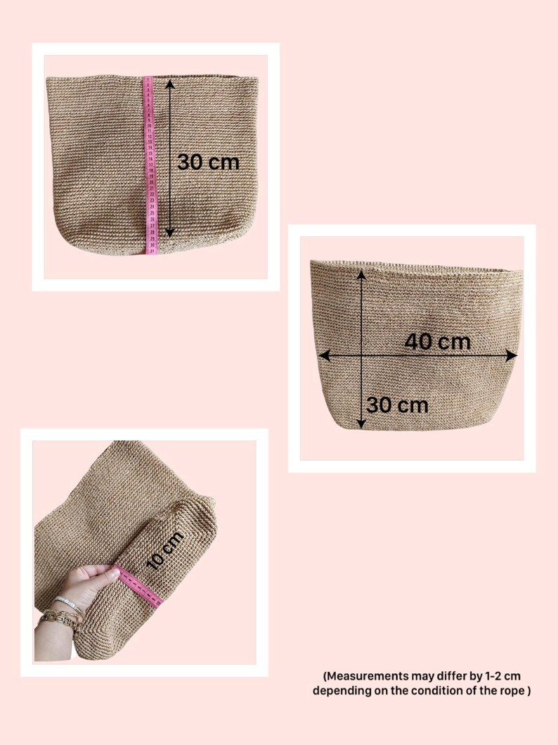 May include: A tan woven basket with a rectangular base. The basket measures 30 cm in height, 40 cm in width, and 10 cm in depth. A pink measuring tape is visible on the basket. Text on the image states measurements may differ by 1-2 cm.