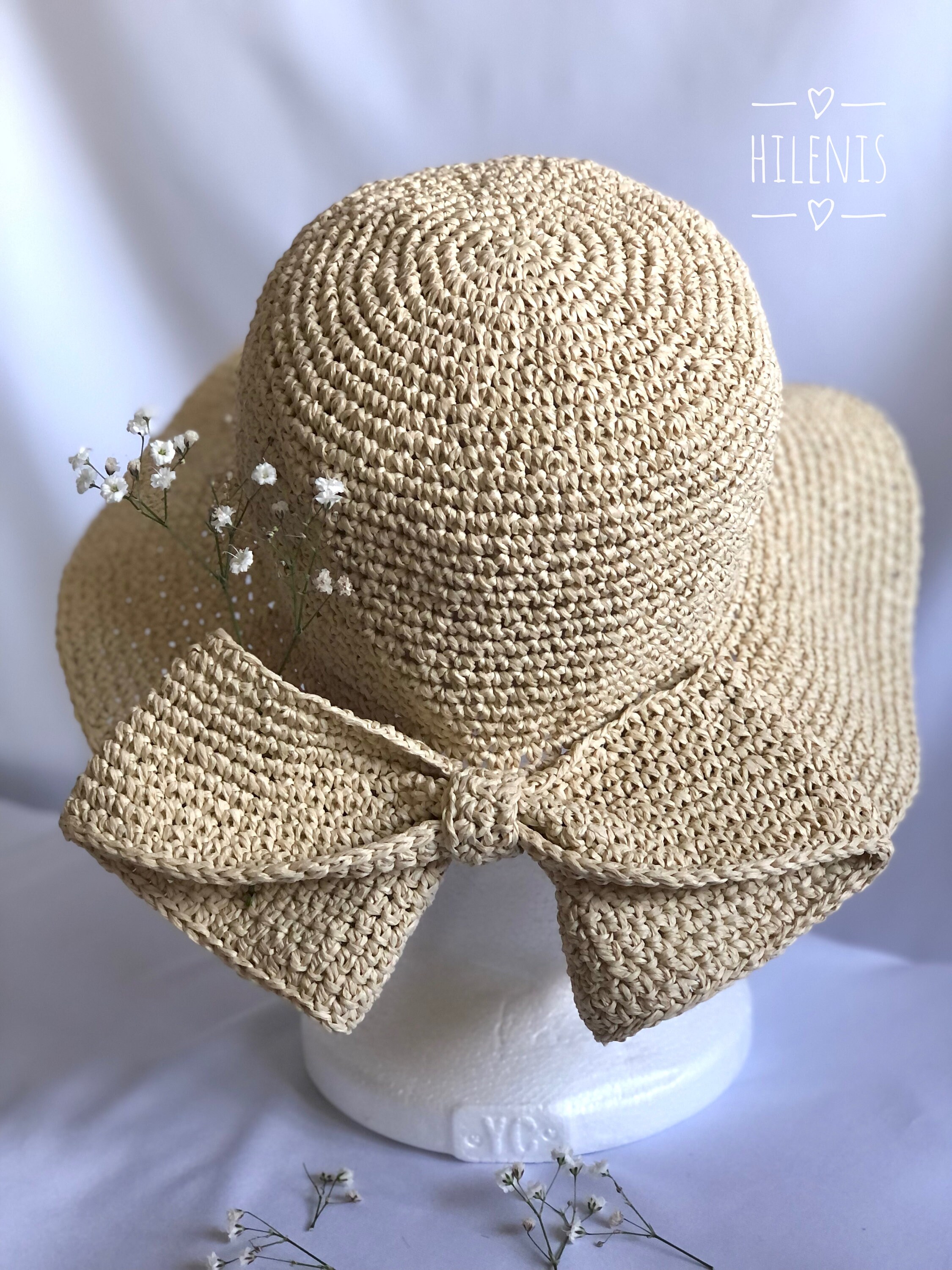 Handmade Crochet Raffia Hat, Straw Floppy Hat, Bow Hat 