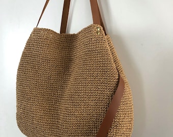 Summer Leather Tote Bag For Women, Straw Beach Crossbody Bag, Crochet Raffia Tote Bag, Shoulder Natural Summer Tote