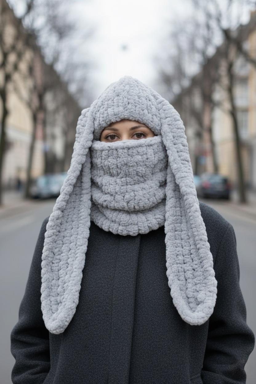 Handmade Bunny Balaclava Mask, Ski Mask, Knitted Rabbit Ears