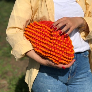 Bolso clutch con cuentas de rafia para mujer, bolso bola de masa tejido, bolso de rafia tejido de paja naranja