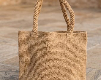 Summer Beige Raffia Tote Bag, Straw Beach Shoulder Bag, Crochet Raffia Shopping Bag
