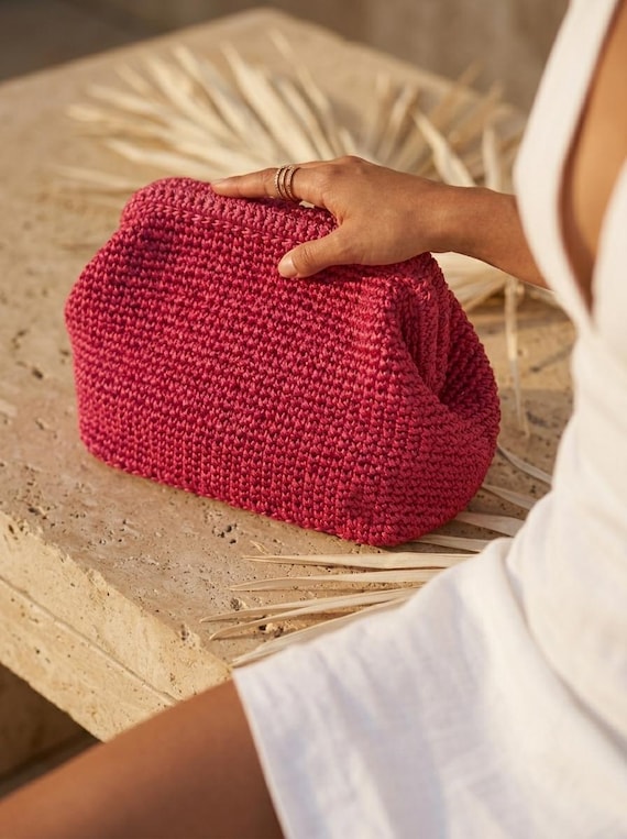 Raffia Fuchsia Clutch Bag, Natural Summer Handbag, Straw Summer Pouch Clutch Bag