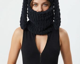 Black Bunny Balaclava Mask, Knitted Ski Mask, Unisex Animal