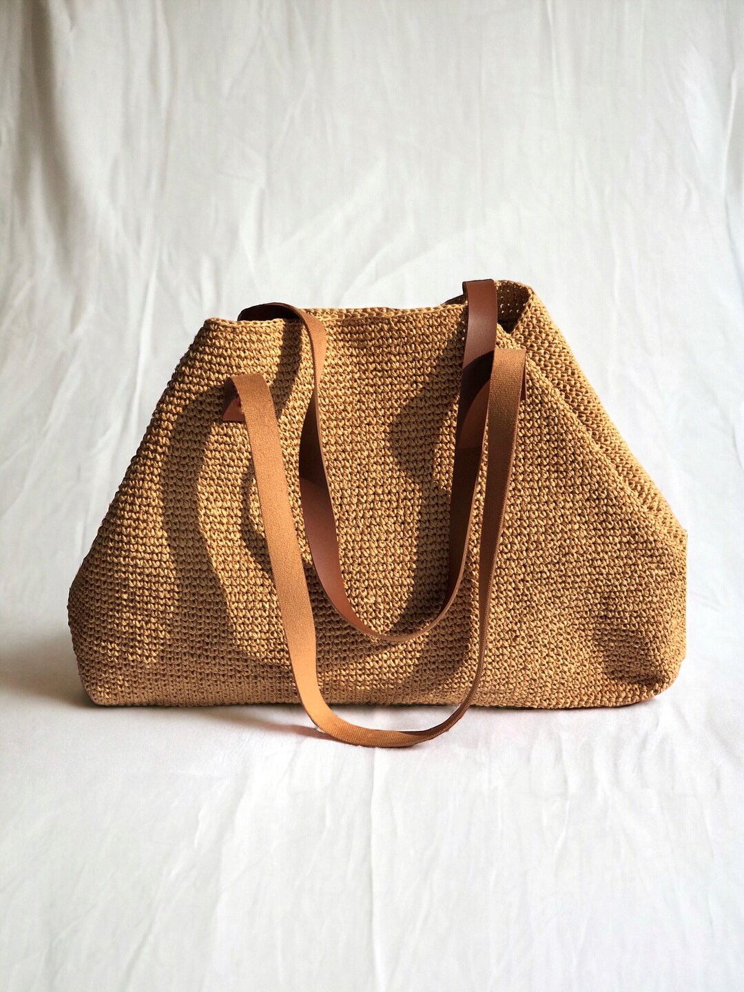 Summer Leather Tote Bag for Women, Straw Beach Shoulder Bag
