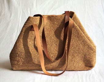 Summer Leather Tote Bag For Women, Straw Beach Shoulder Bag, Crochet Raffia Tote Bag