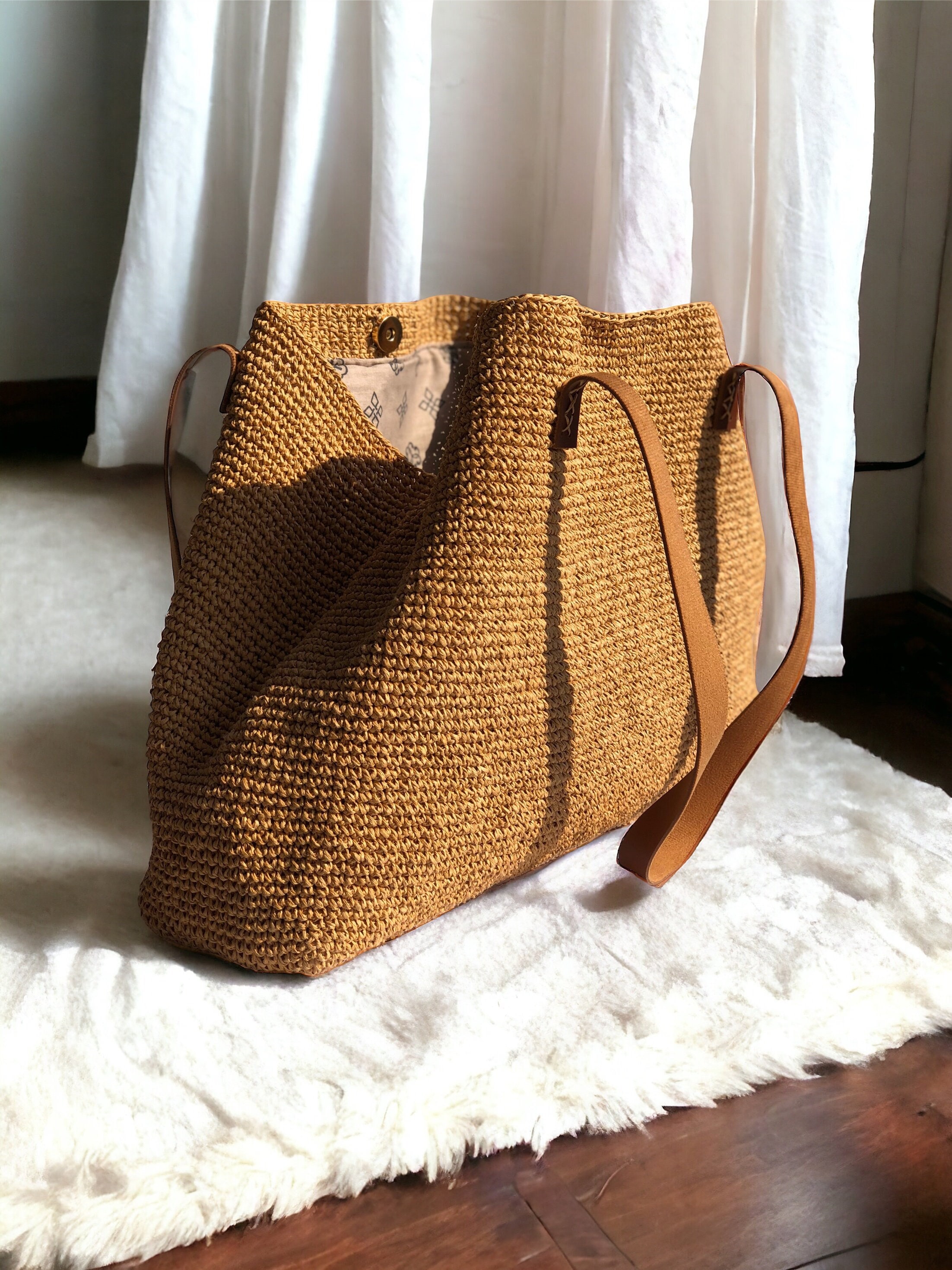 Genuine Leather Summer Tote Bag, Straw Beach Shoulder Bag, Crochet Raffia Tote Bag, Foldable Straw Travel Bag