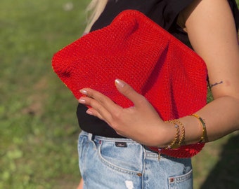 Red Summer Raffia Pouch Clutch Bag, Raffia Natural Handbag, Straw Pouch Clutch Bag With Hidden Metal Locked