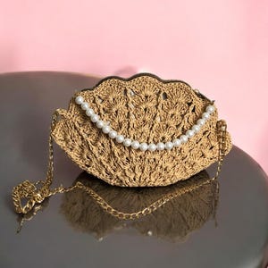 Crochet Raffia Oyster Shell Bag, Pearly Mussel Crossbody Bag, Raffia Crossbody Clutch Bag