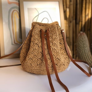 Handmade Raffia Bucket Bag, Boho Woven Bag For Women, Straw Crossbody Bag in Leather Accessories