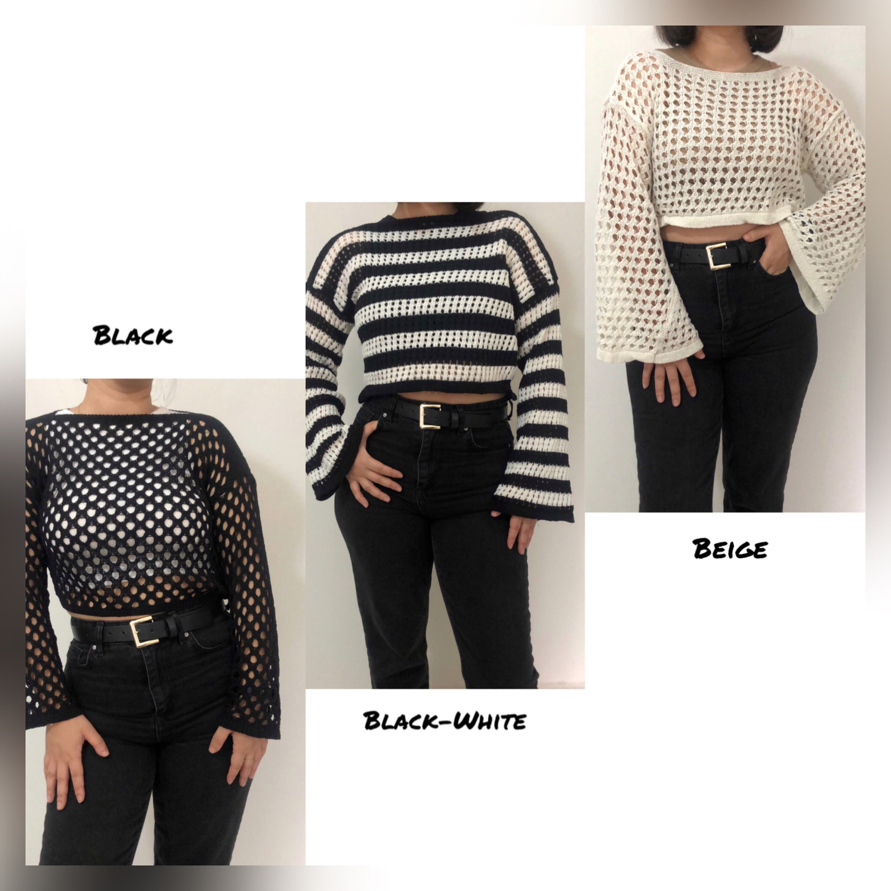 Hand Knit Long Sleeve Crop Top, Halloween Mesh Crop Top, Long