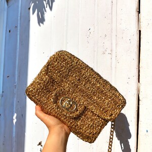 Crochet Gold Raffia Crossbody Clutch Bag, Knitted Metallic Wedding Purse For Women, Luxury Evening Summer Bag, Gold Bridal Clutch Bag zdjęcie 10