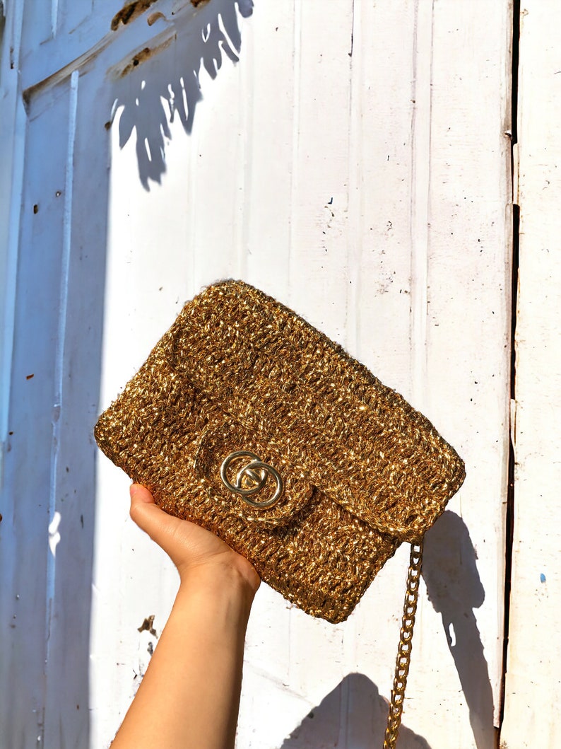 Crochet Gold Raffia Crossbody Clutch Bag, Knitted Metallic Wedding Purse For Women, Luxury Evening Summer Bag, Gold Bridal Clutch Bag zdjęcie 10