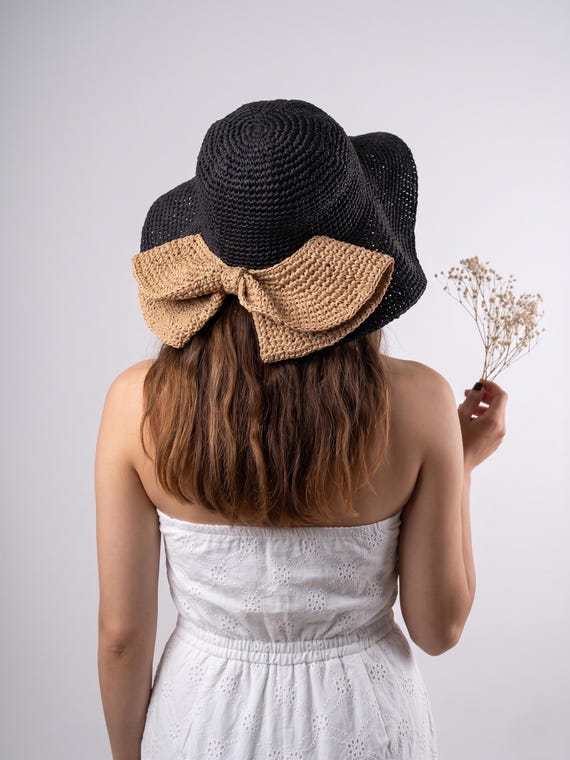 Handmade Crochet Raffia Hat, Straw Floppy Hat, Bow Hat  display picture 1