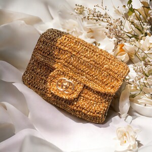 Crochet Gold Raffia Crossbody Clutch Bag, Knitted Metallic Wedding Purse For Women, Luxury Evening Summer Bag, Gold Bridal Clutch Bag zdjęcie 3