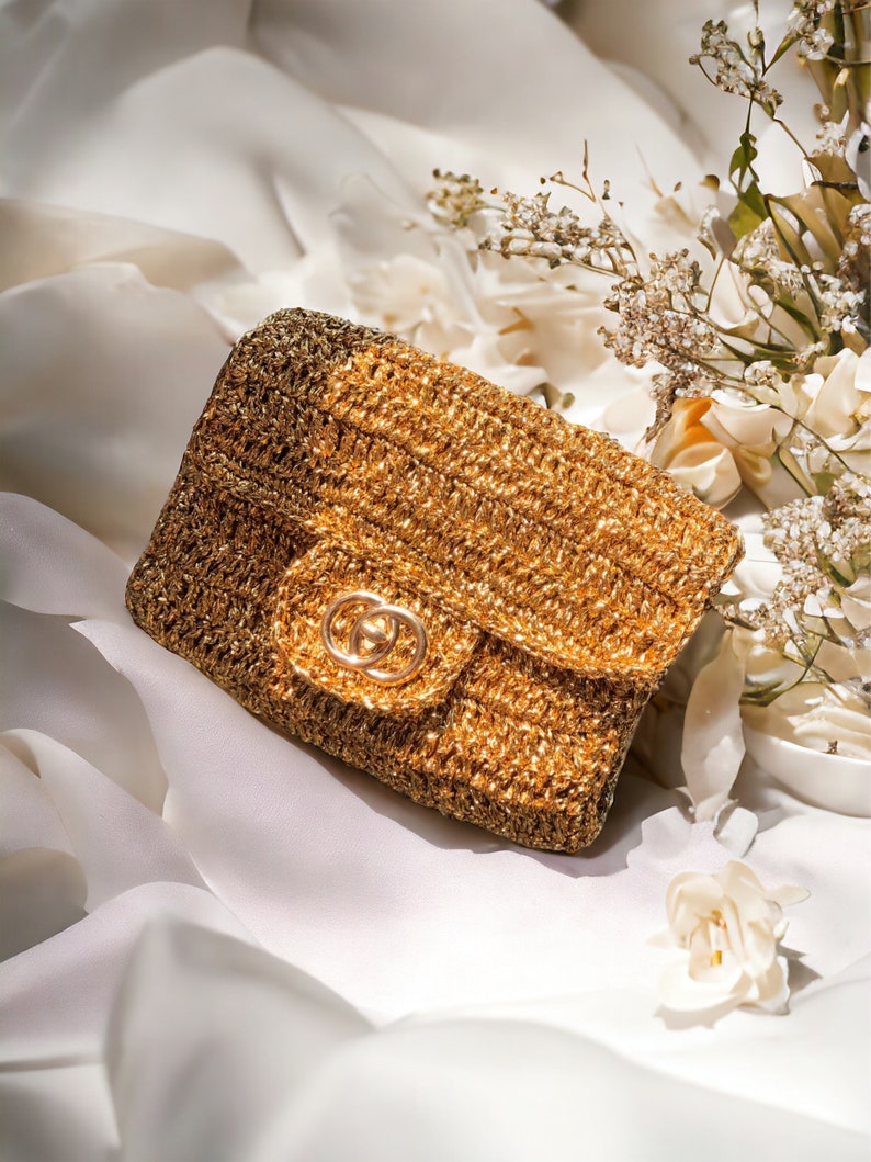 Crochet Gold Raffia Crossbody Clutch Bag, Knitted Metallic Wedding Purse For Women, Luxury Evening Summer Bag, Gold Bridal Clutch Bag zdjęcie 3