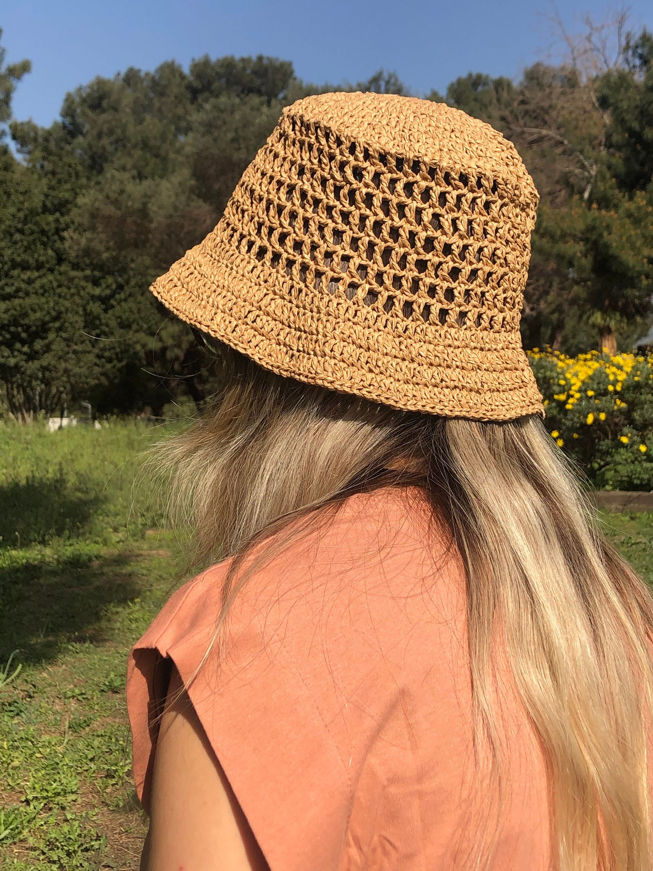 Custom Crochet Bucket Hat, Mesh Raffia Sun Hat, Handmade