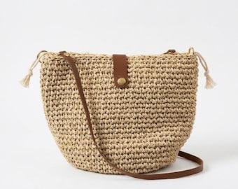 Knitted Beige Raffia Crossbody Bag, Summer Crossbody Straw Bag, Small Woven Shoulder Bag
